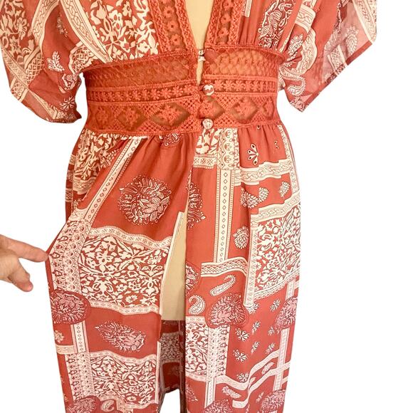 Blu Ivy Duster Kimono MED Rust White Asian Inspired Print Lace Button Waist Boho - Picture 2 of 11